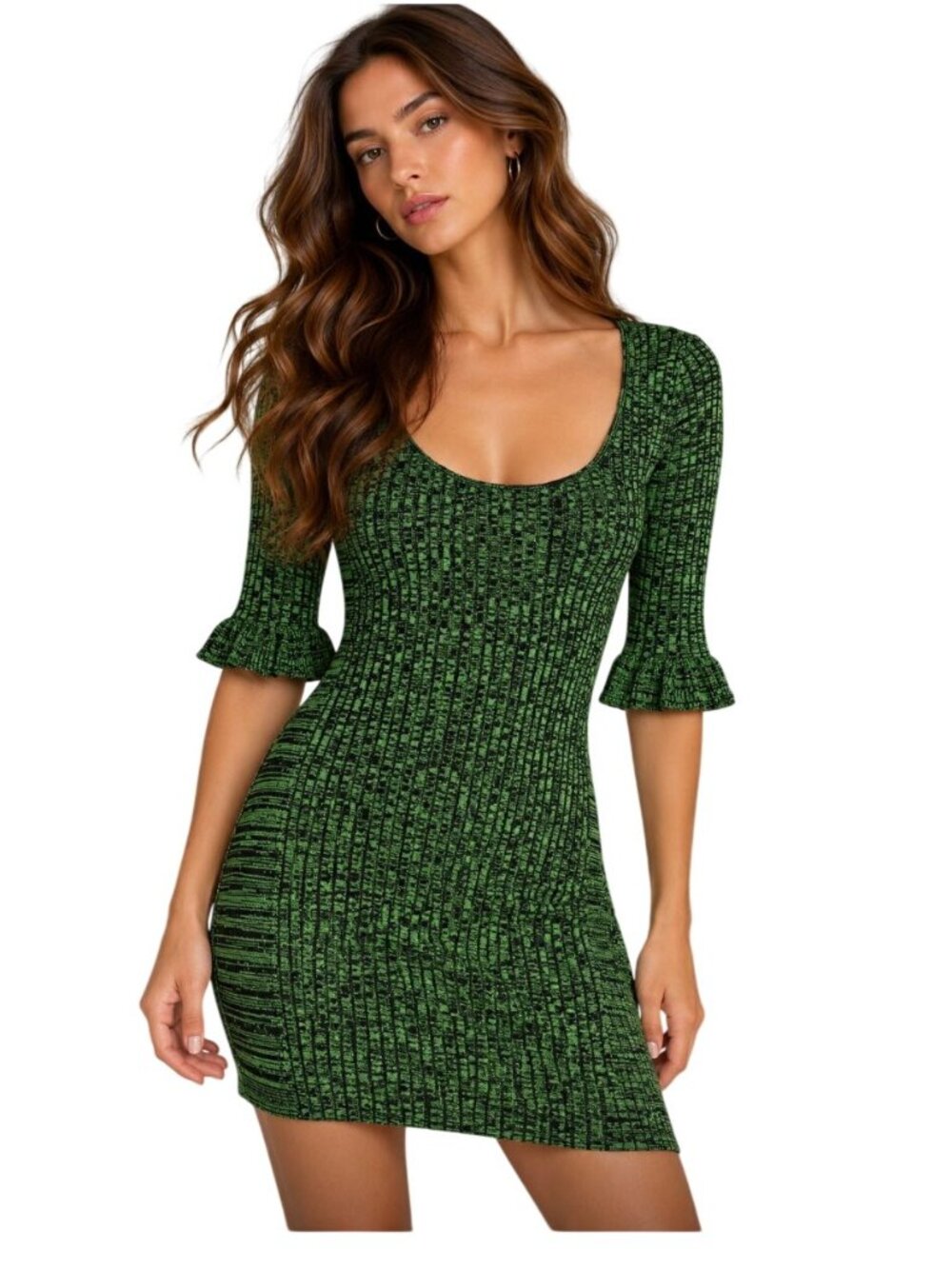 GANNI flounce-sleeve mélange minidress kelly green - Size L